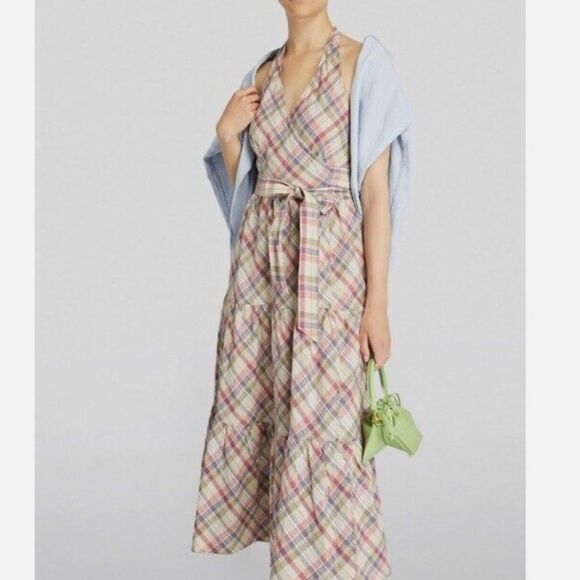 NEW Polo Ralph Lauren Madras Tiered Wrap Maxi Halter Dress Cottagecore Size 10 - Picture 7 of 14